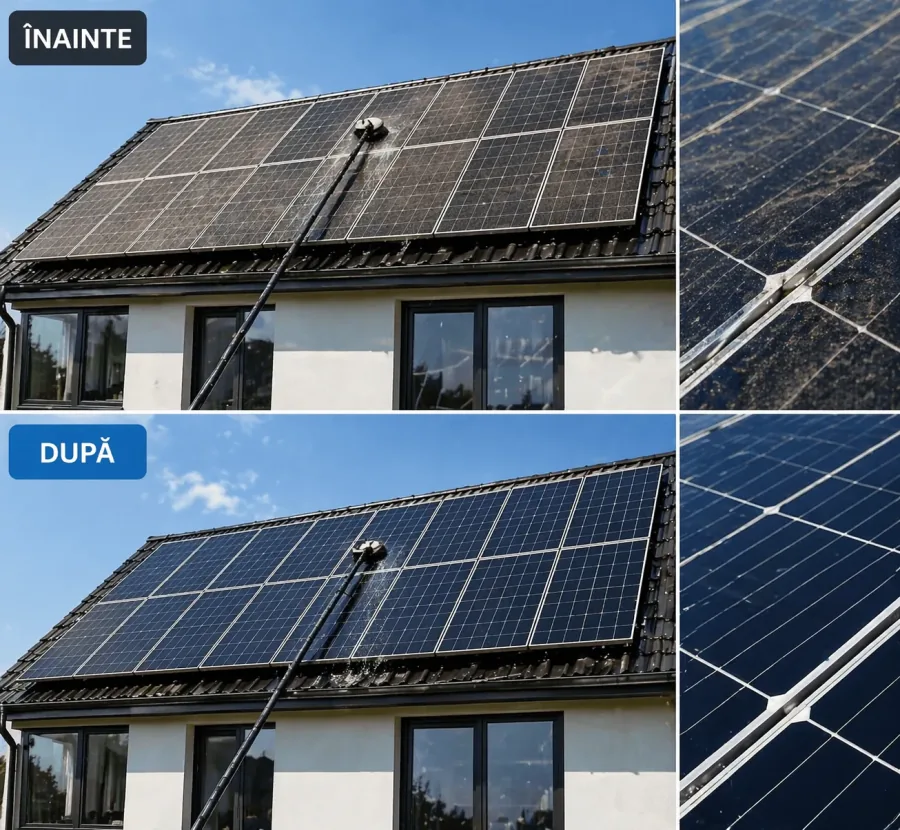Înainte și după curățare panouri fotovoltaice Oradea